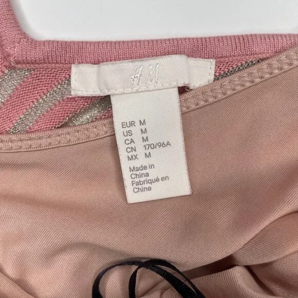 H&M Pink & Silver Metallic Pleated Midi Dress Shimmer Knit Cami Size Medium - Picture 12 of 14